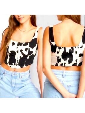 NWT Lonestar Square Neck Cow-Print Western Y2K Crop Top - Black & White